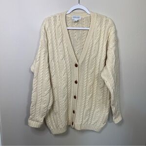 Vintage 1980s Lands End Cream Chunky Knit Wool Cardigan Leather Buttons Small